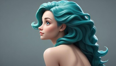 Woman with teal hair looking away