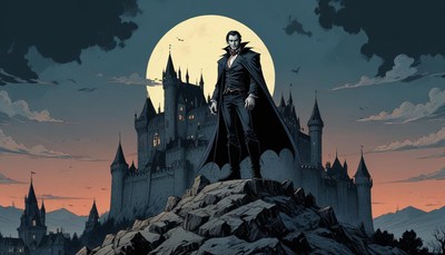 Vampire stands before castle at night