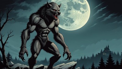 Werewolf howls under full moon