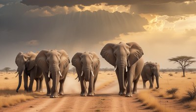 Elephant herd walking in african savanna