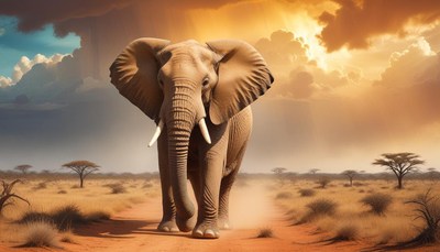 Elephant walking in savanna at sunset