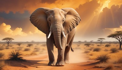 Elephant walking through savanna at sunset
