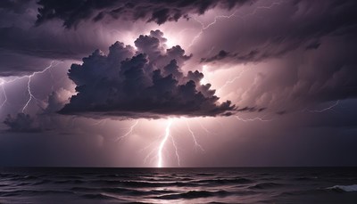Lightning strikes over ocean