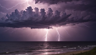 Lightning strike over coastal sea