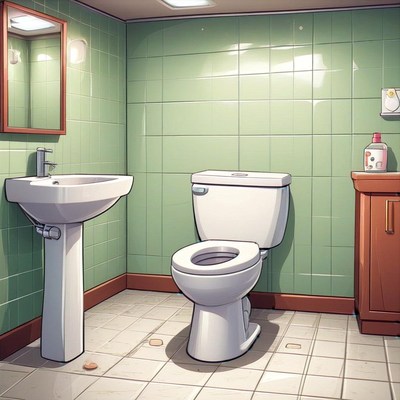 Green tiled bathroom with toilet and sink