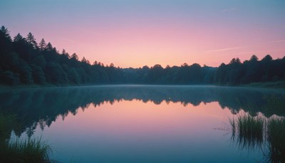 Forest lake at sunrise