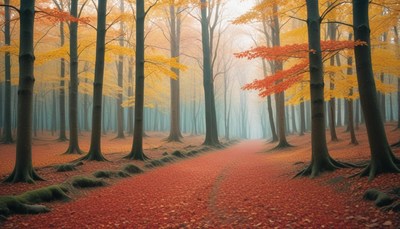 Forest path in autumn fog