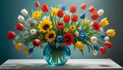 Colorful flower arrangement in blue vase