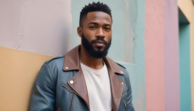 Man in leather jacket against colorful wall