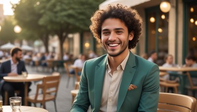 Man smiles at outdoor cafe
