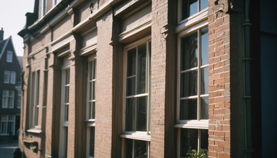 Brick building windows in sunlight