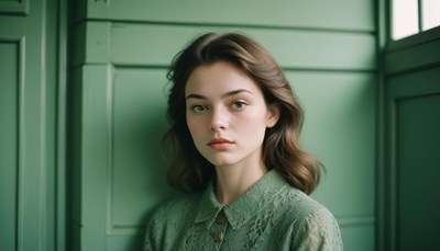 Woman in green blouse against green wall