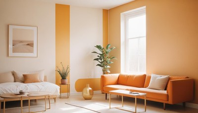 Modern living room with orange walls