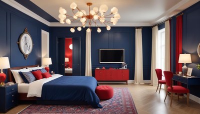 Modern blue and red bedroom interior