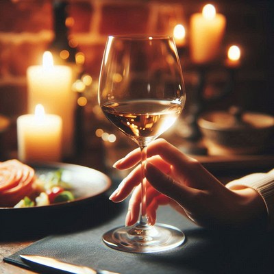 Woman holding wine glass by candlelight