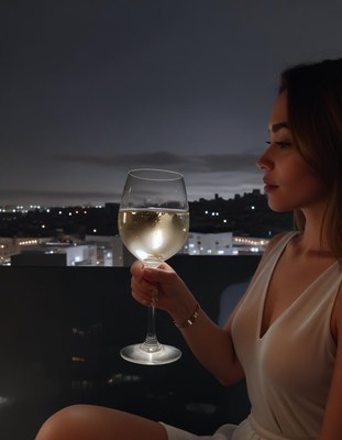 Woman drinking wine at night