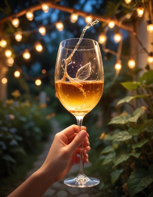 Wine glass with splash under string lights
