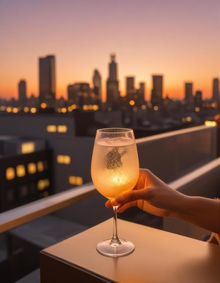 Cityscape sunset with wine glass