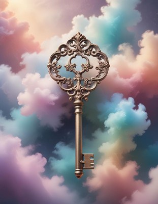 Ornate key against colorful clouds