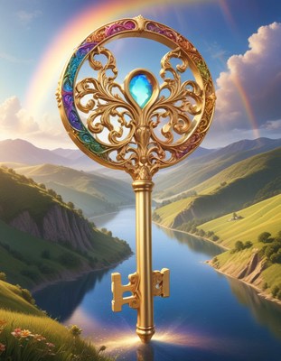 Ornate key over river valley