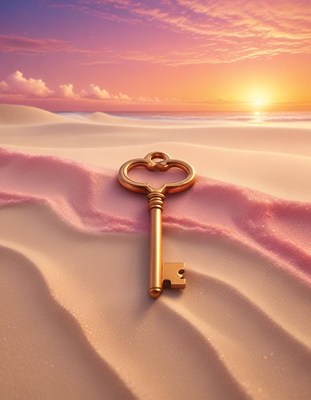 Golden key on beach at sunset