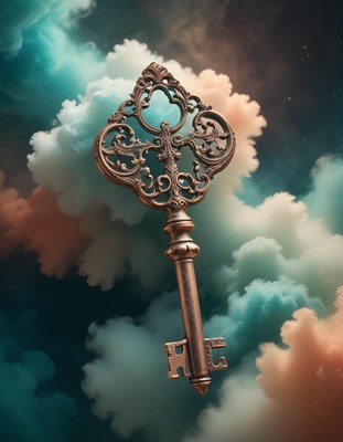 Ornate key in clouds