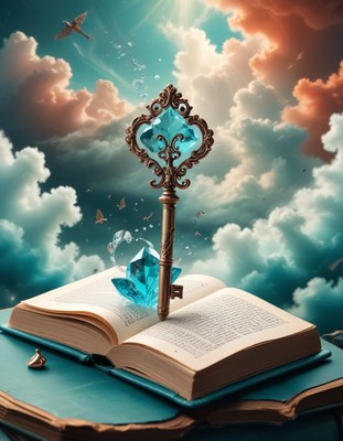 Ornate key emerging from book