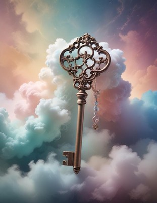 Ornate key in clouds