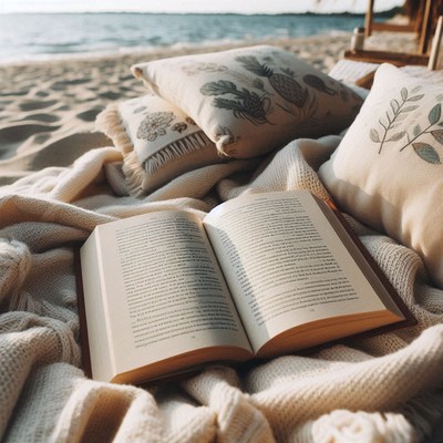 Book and blanket on beach