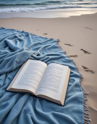 Book and blanket on sandy beach
