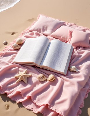 Pink blanket and book on sandy beach