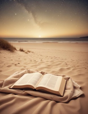 Open book on sandy beach at night