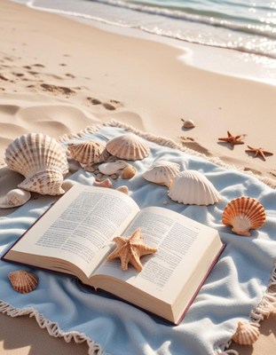 Book and seashells on beach blanket