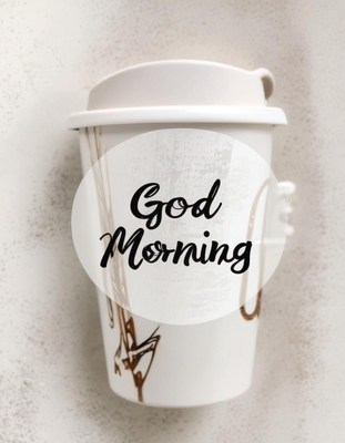 White coffee cup with good morning text