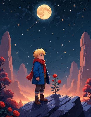 Boy gazes at night sky with full moon