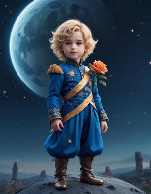 Little prince standing on a moonlit planet