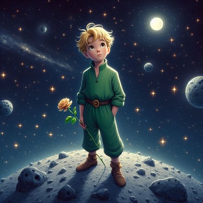 The little prince gazes at the stars