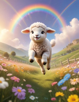 Lamb leaping through rainbow field