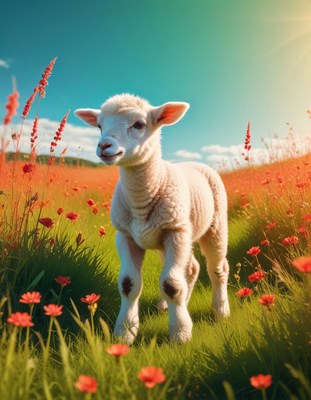 Lamb in a field of flowers