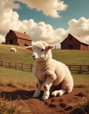 Lamb sitting in farm field