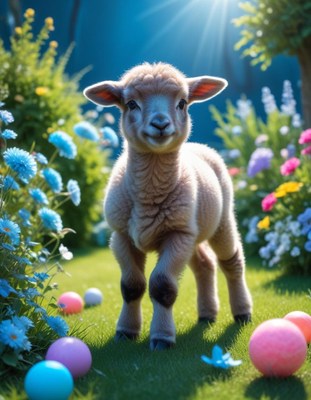 Lamb walking through spring flowers
