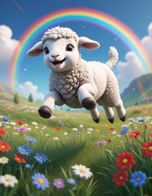Lamb leaping through rainbow