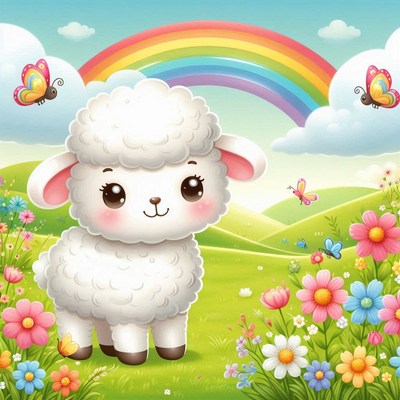 Cute lamb in flower field with rainbow