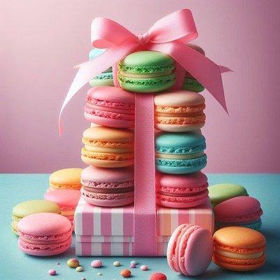 Macaron gift box on teal tabletop