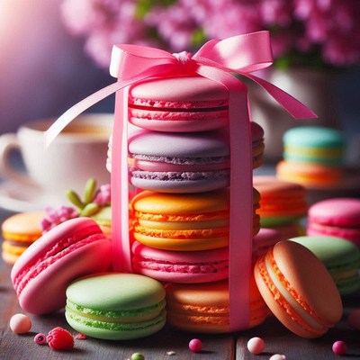 Colorful macarons with pink ribbon