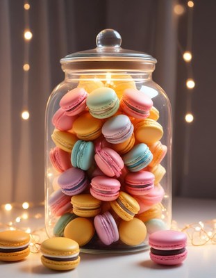 Glass jar filled with colorful macarons