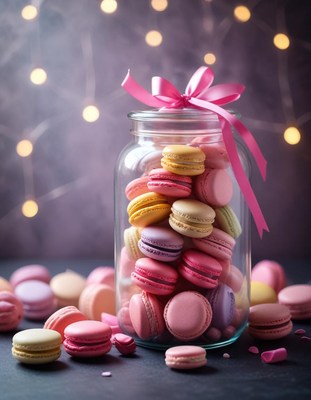 Macarons in glass jar with pink ribbon