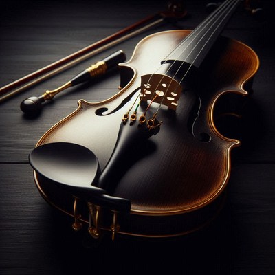 Violin and bow on black surface