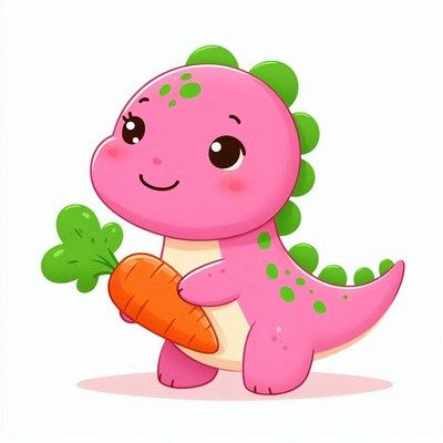 Cute pink dinosaur holding carrot