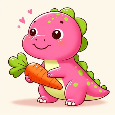 Cute pink dinosaur holding carrot